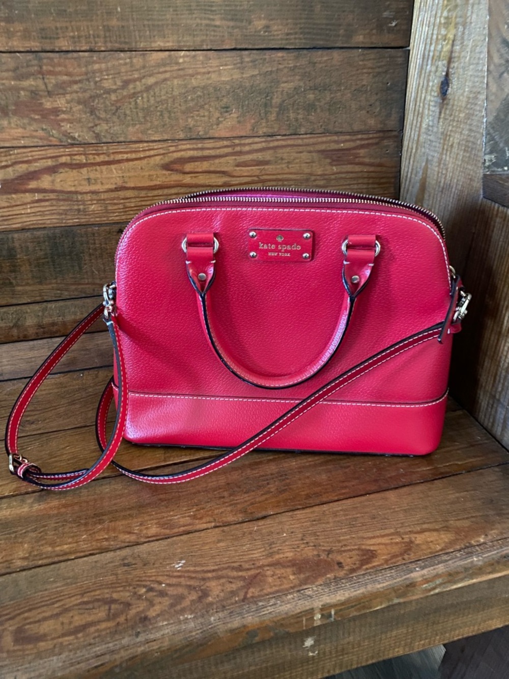 Kate Spade Red Pebbled Leather Dome Satchel with Crossbody Strap